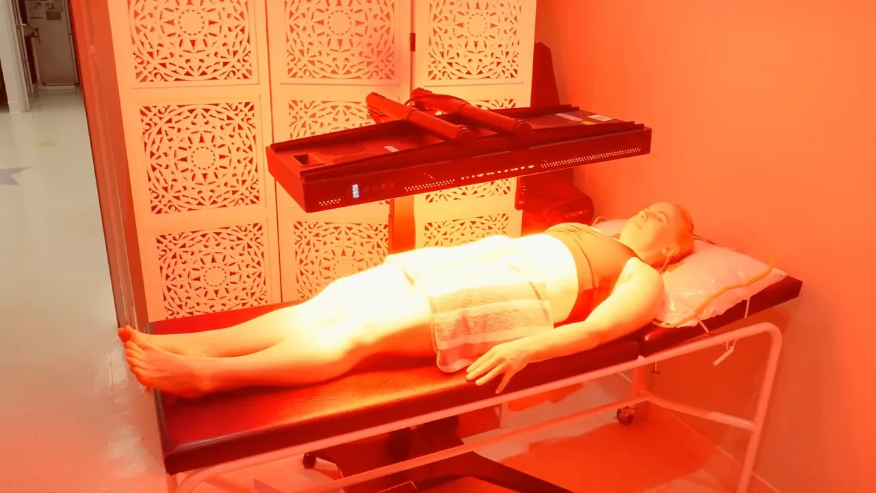 A client lying on the Medbed while the red light panel is on